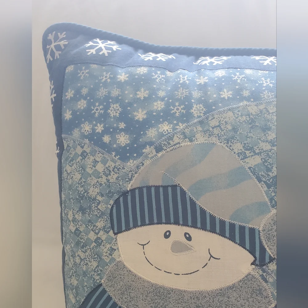 Snowman Vintage Holiday Pillow - Blue and Gray Snowflakes Cotton/Polyester